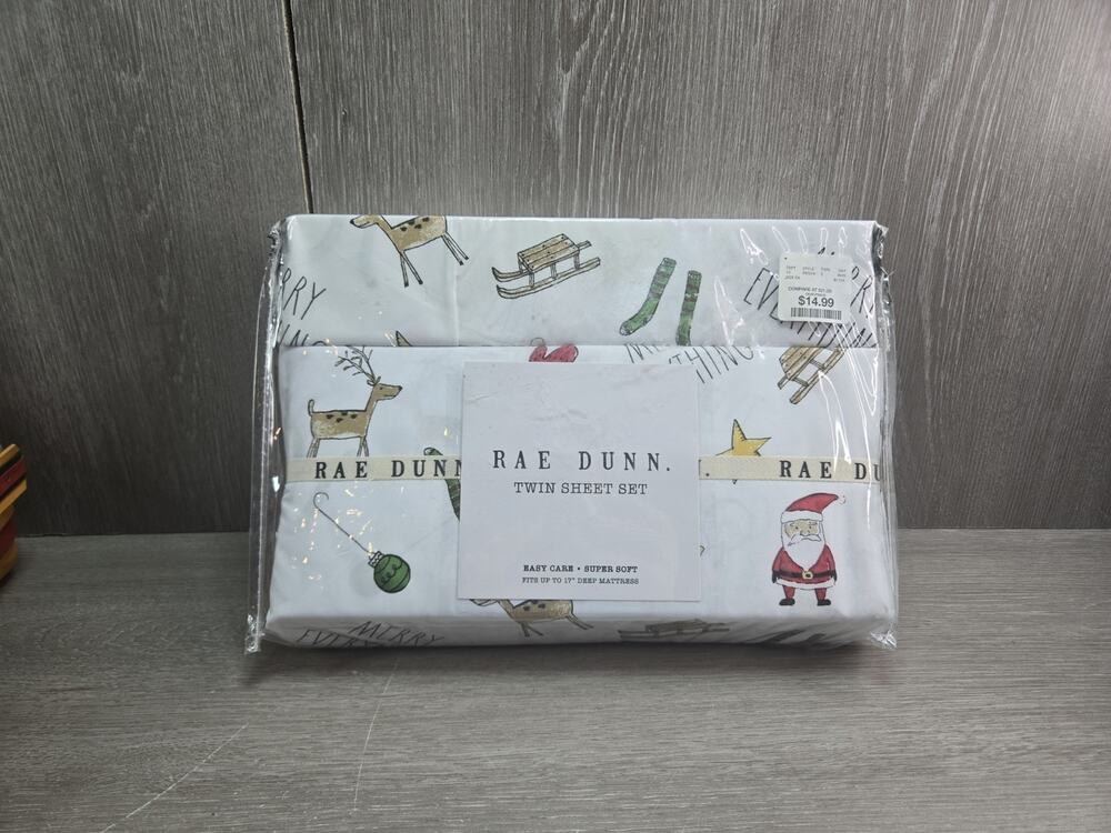Rae Dunn Christmas MERRY EVERYTHING Twin Size Sheet Set Reindeer Santa Snowman